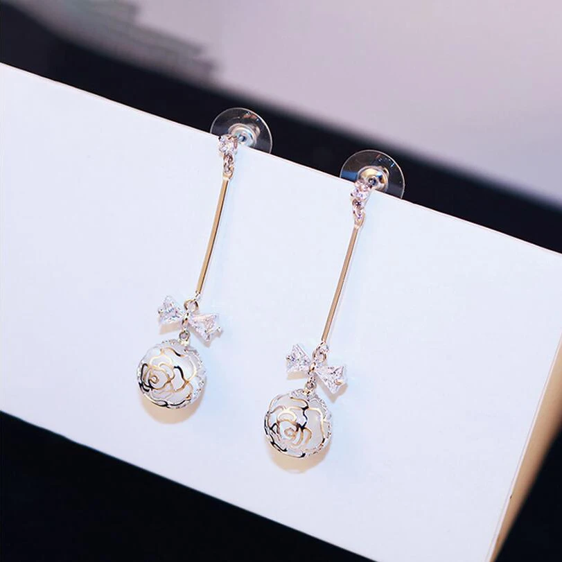 

New Round Opals Bowknot Crystal Pendant Drop Earrings For Women Fashion Jewelry Flowers Drop Earrings Sweet Bowknot Brincos Cute