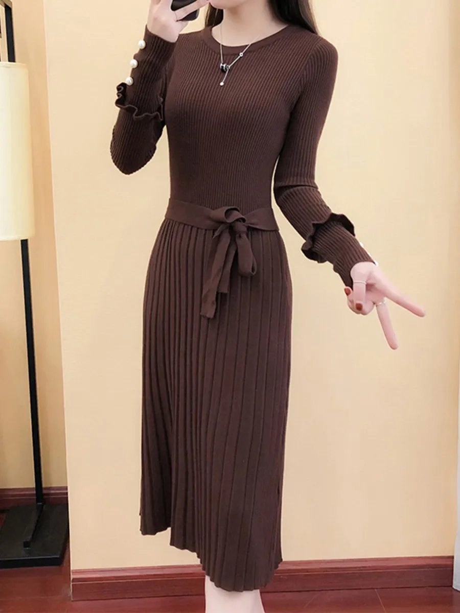 Осенне-зимнее женское платье Модная уличная одежда с круглым вырезом однотонное