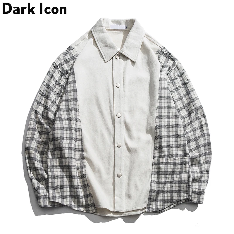 Темные значки клетчатые Лоскутные рубашки с длинным рукавом мужские Ретро