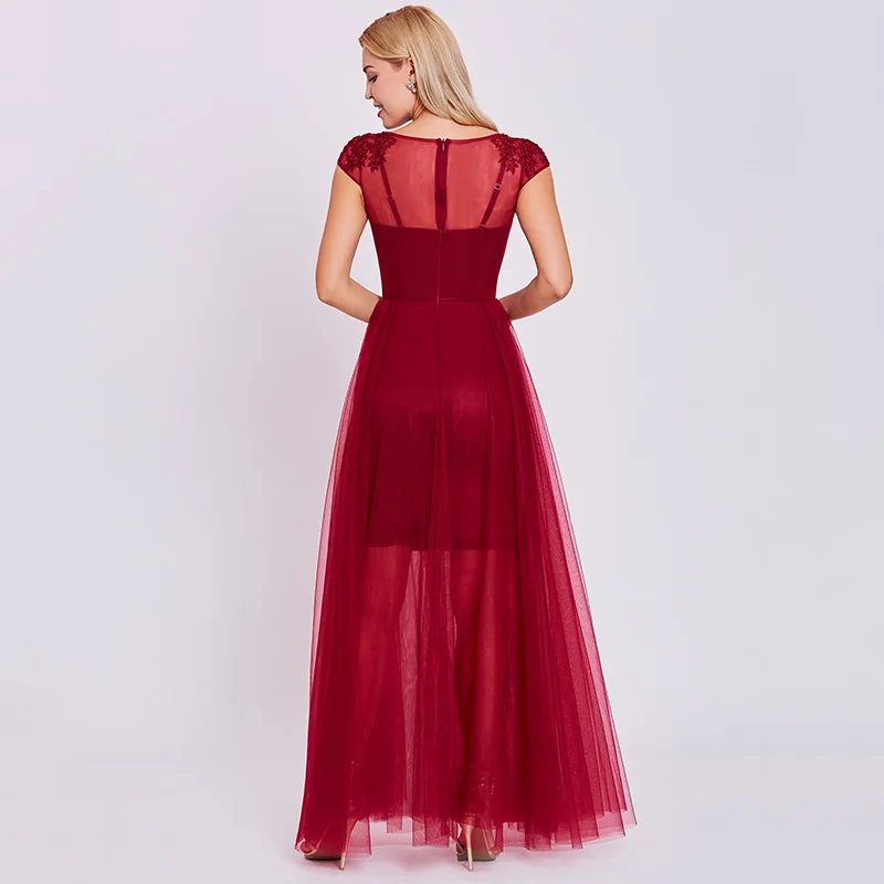 Длинное вечернее платье с аппликацией Tanpell Бордовое трапеция до пола коротким