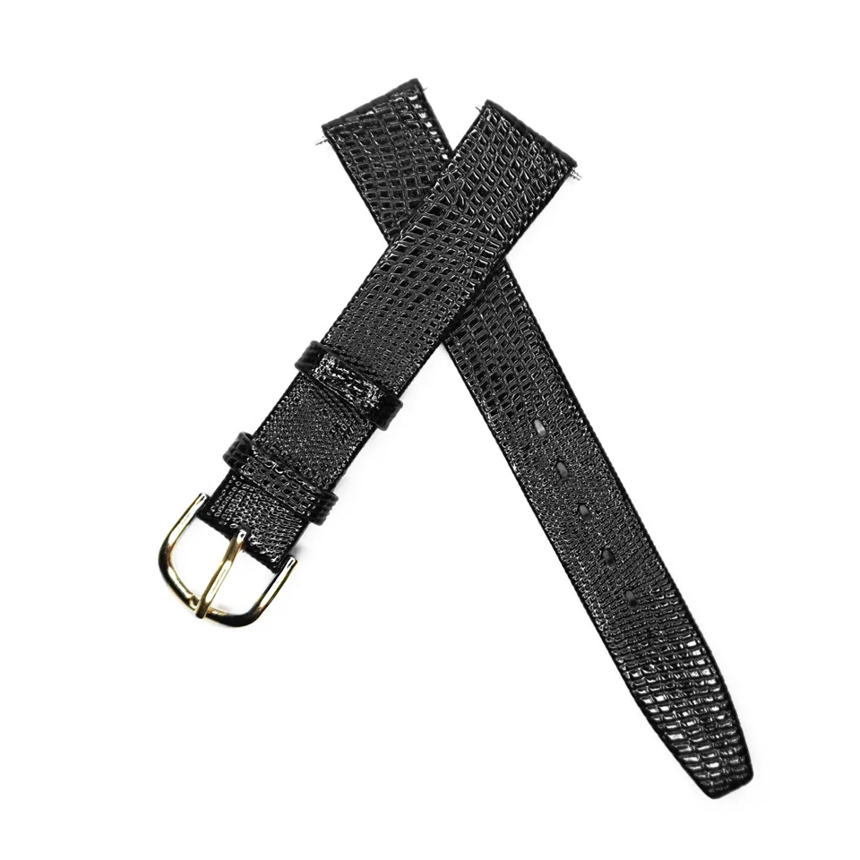Gold Buckle YQI 12 мм, 14 мм, 16 мм, 18 мм, 20 мм, ремешок для часов из натуральной кожи ящерицы, ремешок для часов, тонкий мягкий черный ремешок для часов для мужчин и женщин - Цвет ремешка: Gold Buckle