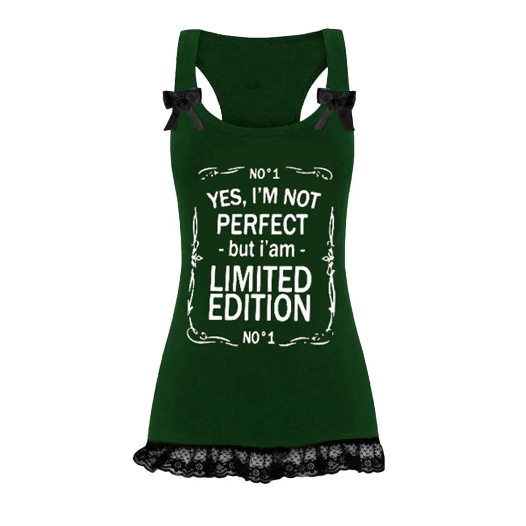 Зеленый Women Cool Fashion Sexy Sleeveless Letters Print Lace Patchwork Cotton Tank Top Vetement Femme Hemdjes Topjes Women Tank Top - Цвет: Зеленый