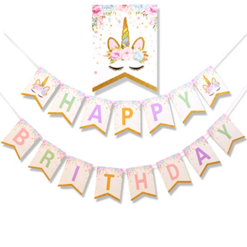 Unicorn Theme Happy Birthday Party Decoration Set Paper Fan Flag Hat | Дом и сад
