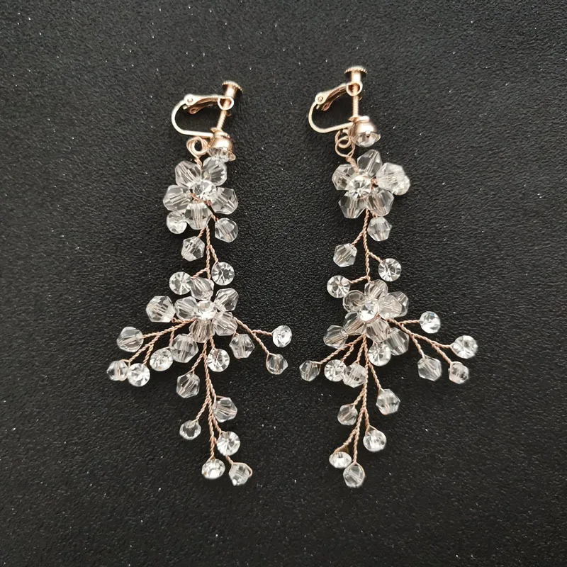 2124 Rose Gold SLBRIDAL, Стразы ручной работы, кристаллы, жемчужные клипсы на/ушной штифт, свадебные висячие серьги, свадебная люстра, серьги, Женские Ювелирные изделия - Окраска металла: 2124 Rose Gold
