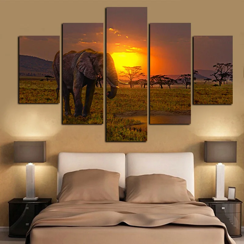 

5Panel Canvas Art African Elephant Under Sunset Landscape Painting Modern Modular Wall Picture for Living Room Sofa Cuadros