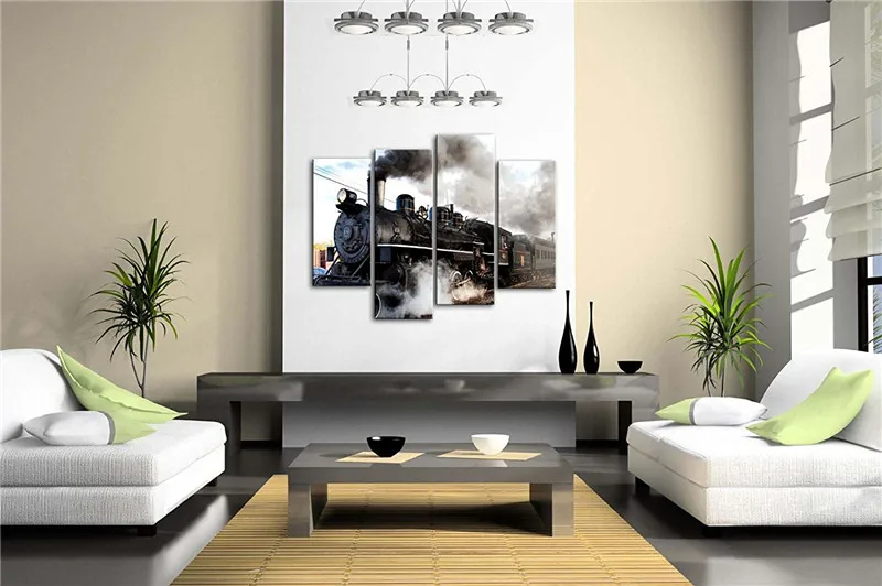 

Wall Art Pictures Painting Print Car On Canvas A Car And Train With Gray Smoke Steam Trains In Progress For Home Decor no frame