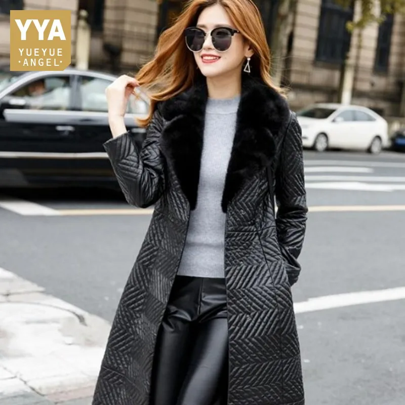 Модный Роскошный норковый меховой воротник длинное пальто из 100% овчины