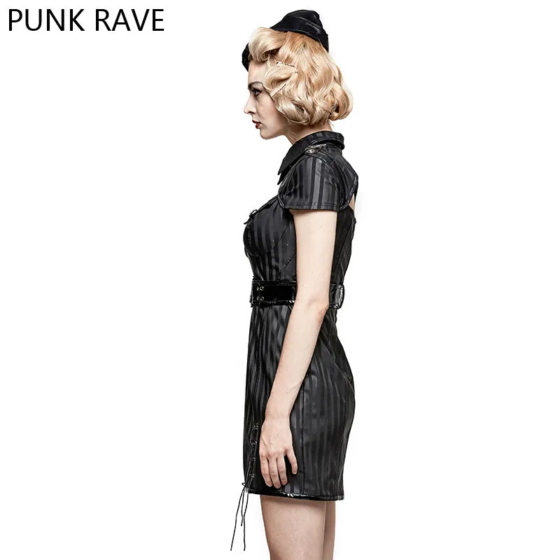 Fashion Military Striped PU Uniform Casual dresses Gothic Punk Women Novelty Halloween Christmas Dress PUNK RAVE Q-305 | Женская одежда