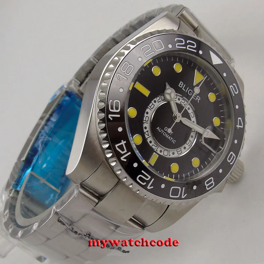 43mm bliger black dial ceramic bezel GMT sapphire glass automatic mens watch 208 | Наручные часы