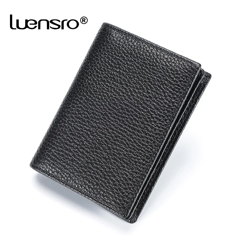 

LUENSRO Genuine Leather Card Holder Wallet Mini Credit Card Wallet Men Purse ID Holders Men Wallet Small Natural Skin Black