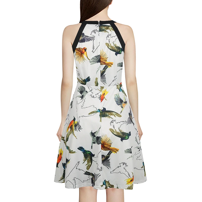 2018 женское летнее платье с принтом Птицы без рукавов круглым вырезом и лямкой на