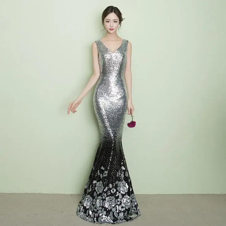 Silver V Neck BANVASAC элегантные длинные вечерние платья с v-образным вырезом и блестками вечерние платья с цветочным узором вечерние платья с открытой спиной - Цвет: Silver V Neck