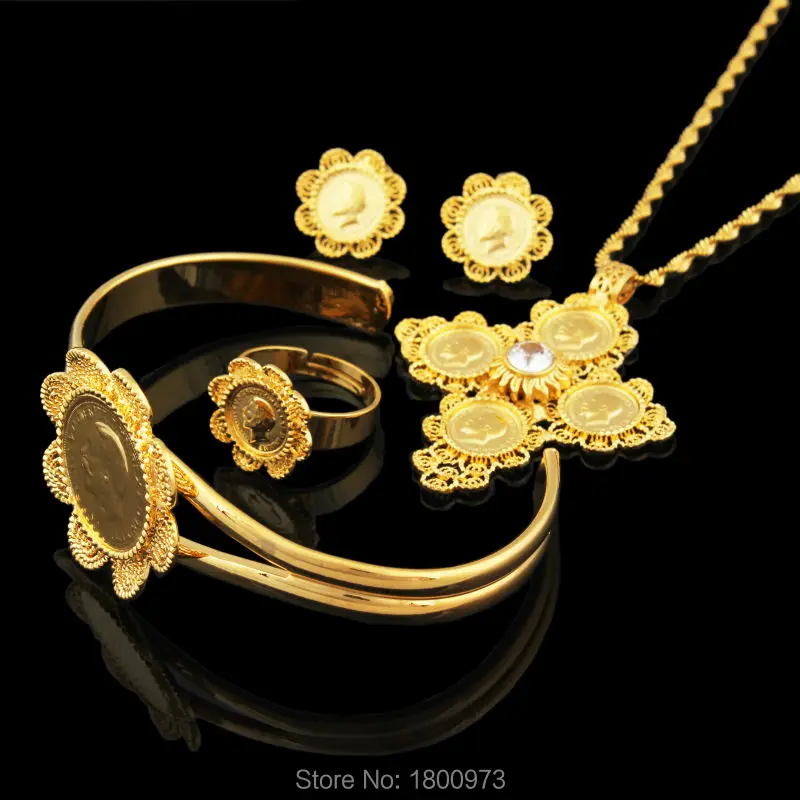Набор свадебных ювелирных изделий 5 шт. с монеткой крестиком 22 к золотого цвета со