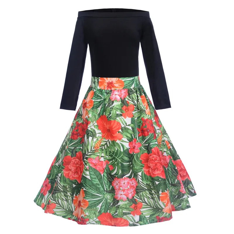 QR Fashion Summer Dress Women 2019 Casual Elegant Vintage Print Ball Gown Dresses Female Sexy Off Shoulder Evening Party | Женская