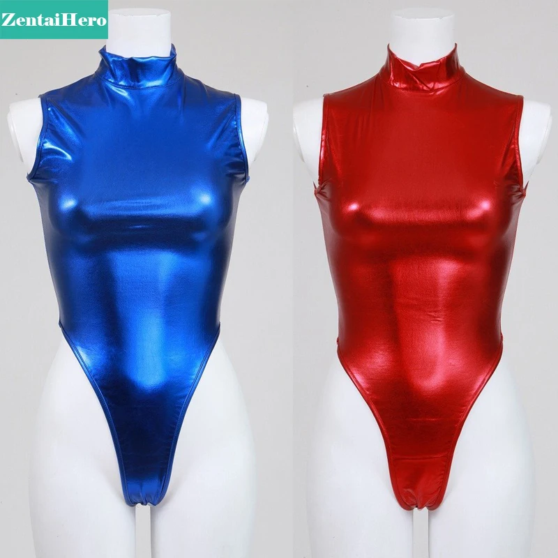 ZentaiHero Сексуальное Женское боди Zentai блестящее металлическое платье на молнии