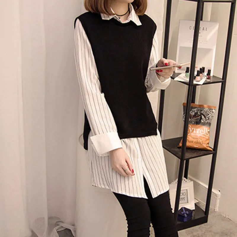 Женская модная свободная Длинная блузка в полоску весенний пуловер Плюс вязаный