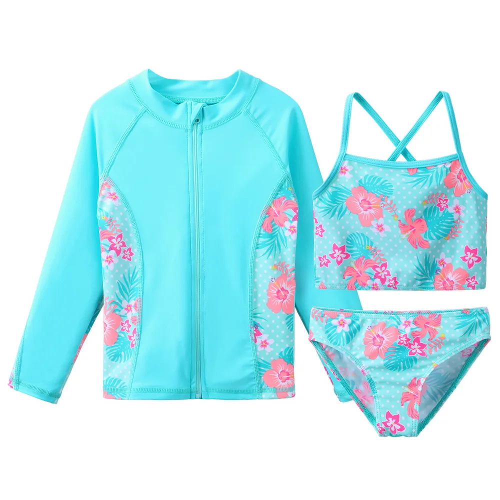 

Girls Swimsuit Long Sleeve Sun Protection Swimwear Children Flower Print Three Pieces Beach Bathing Suits Girls Bikini