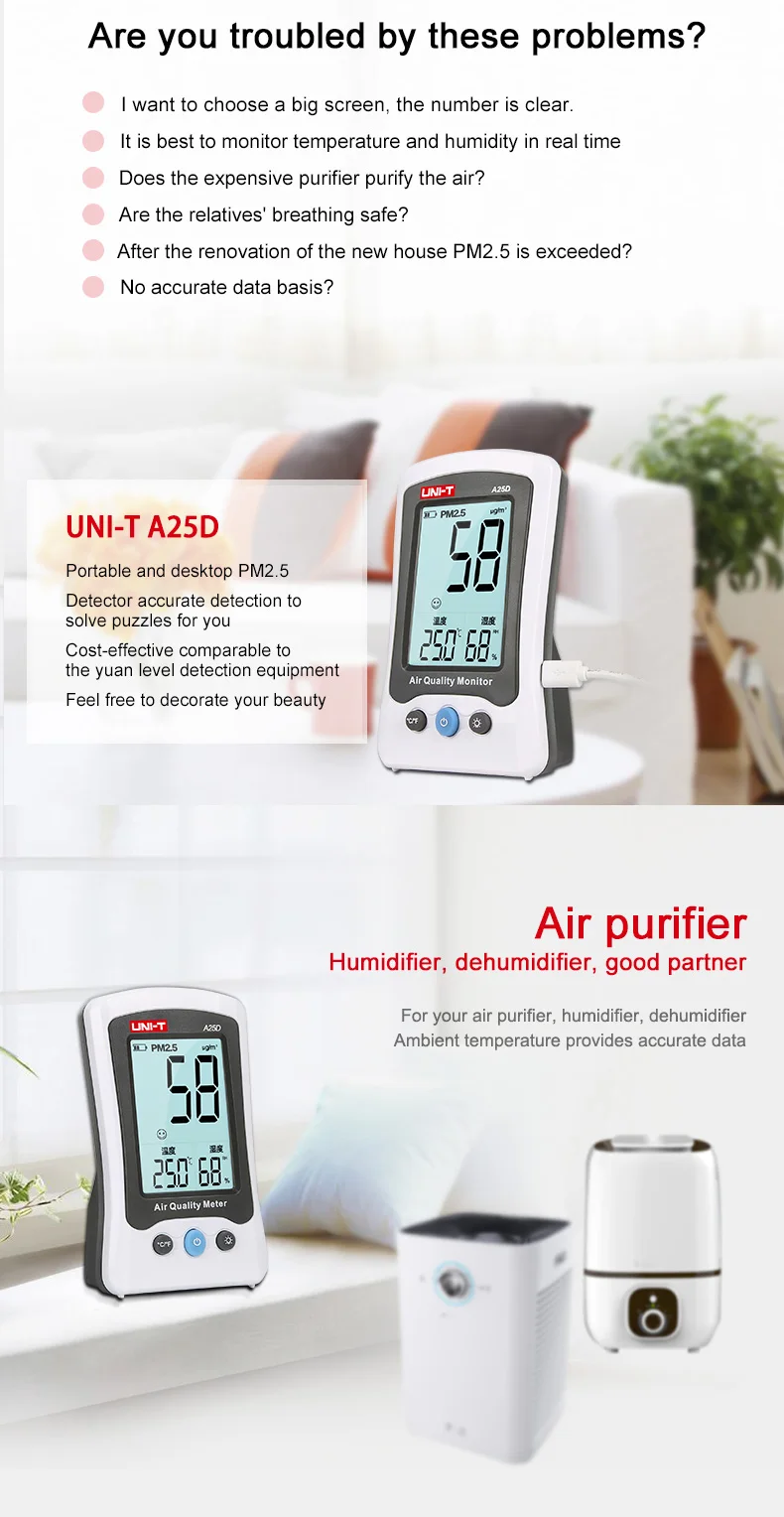 UNI-T детектор качества воздуха A25F A25D A25M PM2.5 монитор метр формальдегид Лазерная Температура Влажность Крытый полимерный аккумулятор