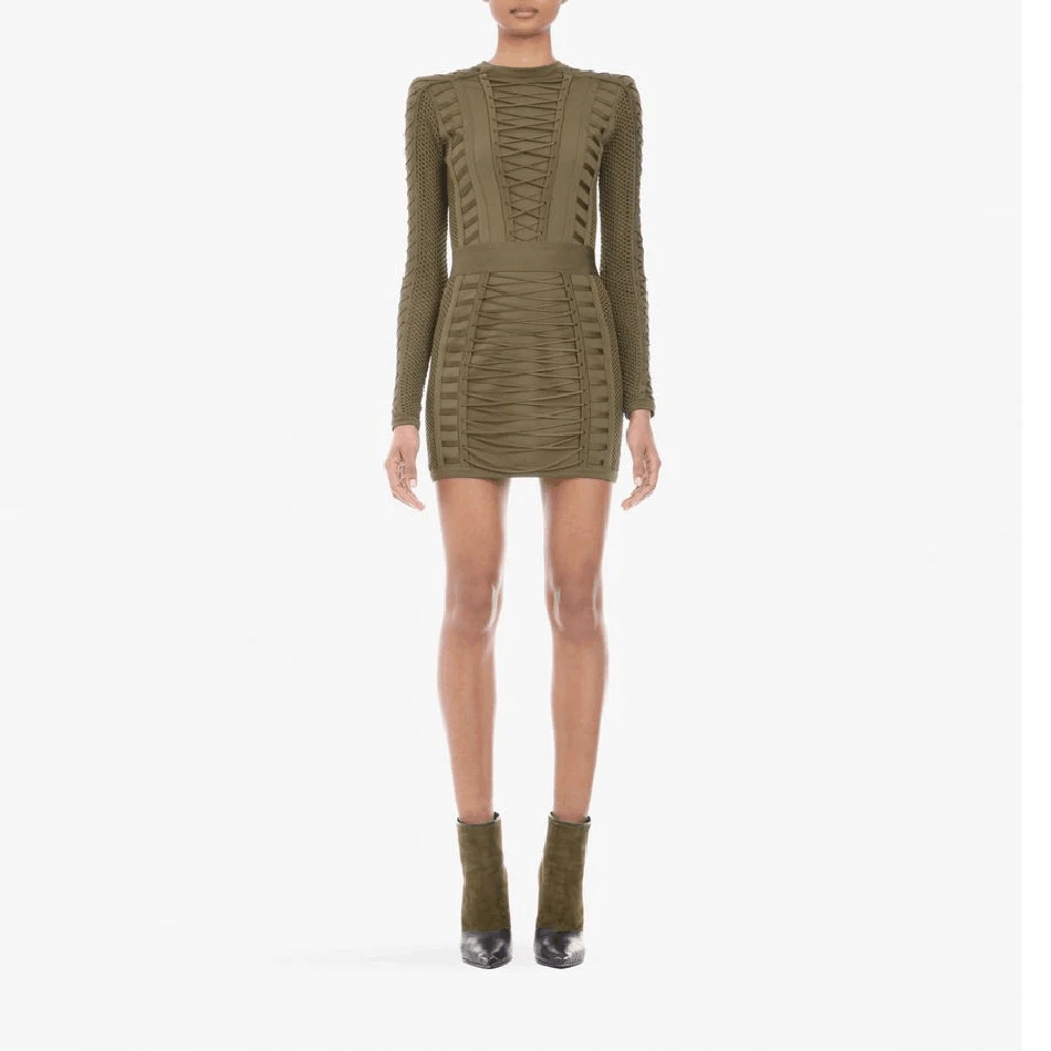 2019 Winter New Fashion Women's Bandage Dress Sexy Army Green Long Sleeve Mini Lace Bodycon Club Celebrity Party Vestidos | Женская