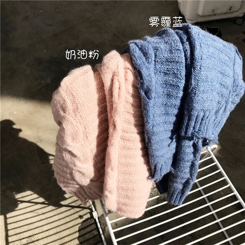 Loose High Collar Long Sleeve Sweet Pink And Blue Female Warm Winter Lady Sweater | Женская одежда