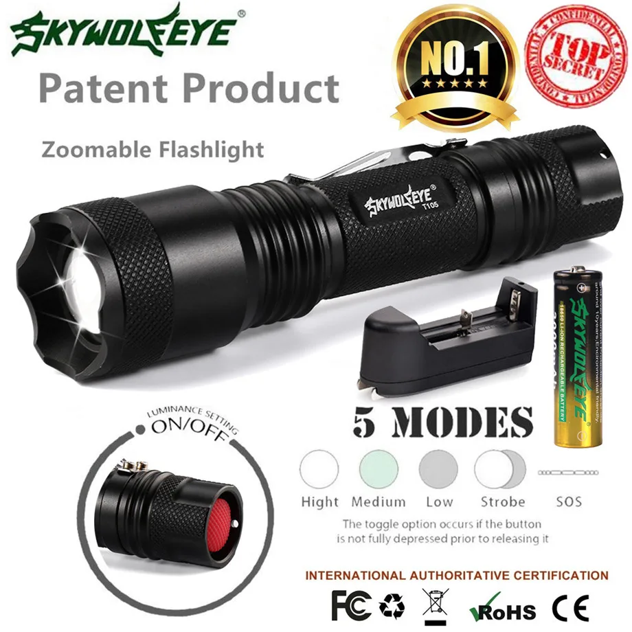SKYWOLFEYE Zoomable 5-Mode XMLT6 светодиодный светильник фонарь лампа светильник 18650 батарея+ зарядное устройство дропшиппинг#1101