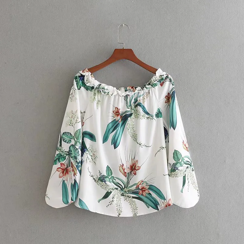 JuneLove 2018 women spring casual floral printed shirts slash neck lantern sleeve blouse chiffon ruffles blusas |