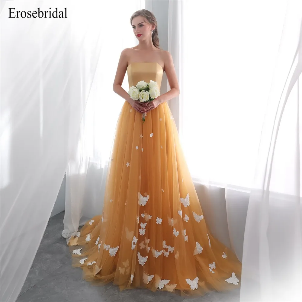 Золотое длинное вечернее платье A Line Erosebridal Дешевое вечернее платье белое элегантное платье с открытой шеей с аппликацией vestido de festa DH-69