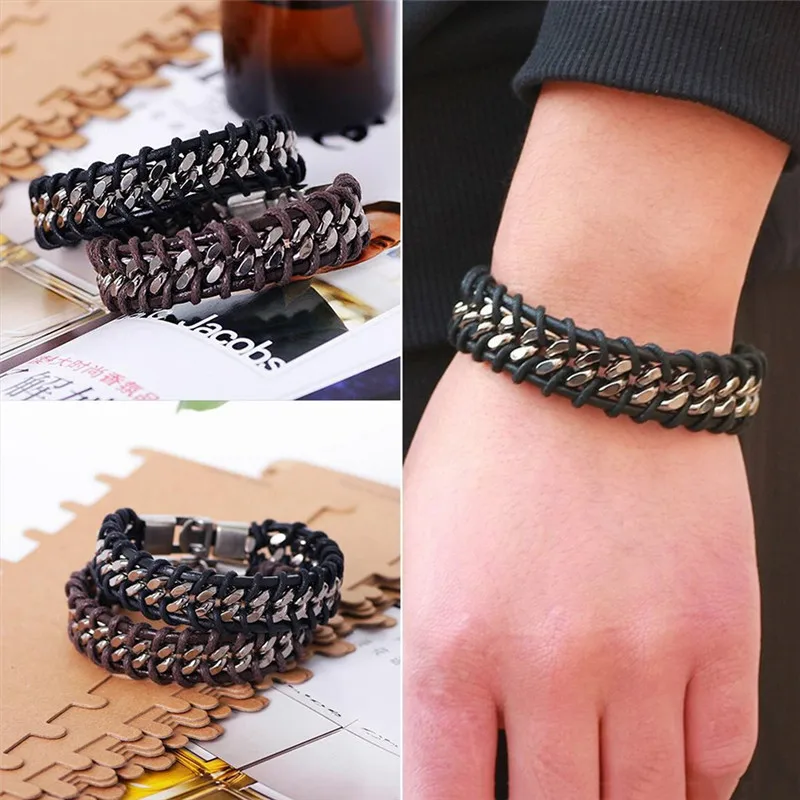 Мужской плетеный кожаный браслет-цепочка из нержавеющей стали | Украшения и