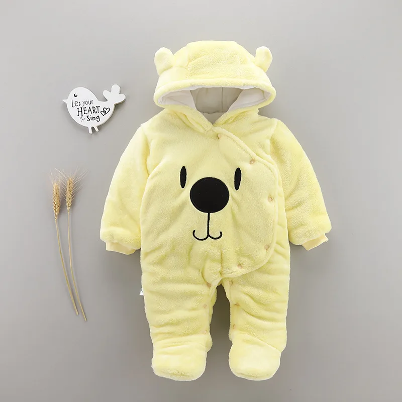 yellow bear Осень-зима детская с наполнителем комбинезон из флиса кораллового цвета для маленьких мальчиков и девочек с капюшоном комбинезон с пинетками; на пуговицах для маленьких детей с изображением героев мультфильмов, хлопковое пальто - Цвет: yellow bear