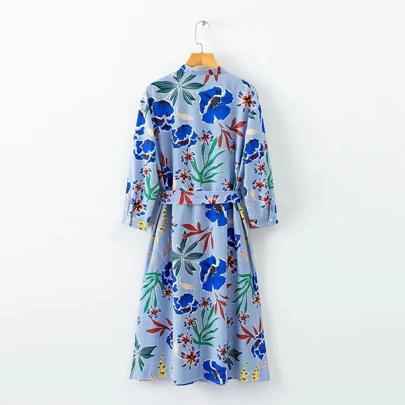 JuneLove 2020 summer cotton ladies casual floral striped print a line dress sashes turn down collar vestidos | Женская одежда