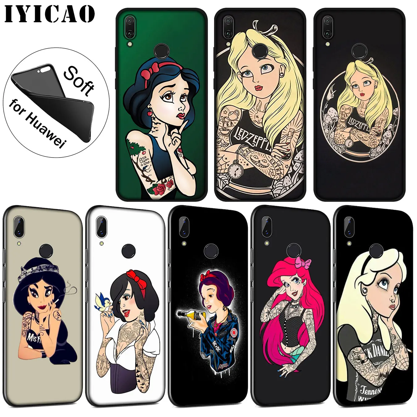 IYICAO Tattooed Alice Ariel Jasmine princess cartoon Soft Case for Huawei P30 P20 Pro P10 P9 P8 Lite Mini 2017 P smart Z 2019 |