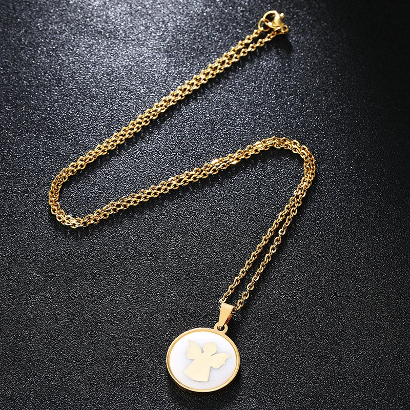 Fashion Cute Angel round pendant necklaces Gold/Steel color for women Stainlesss steel Shell necklace jewelry gift Bijoux | Украшения и