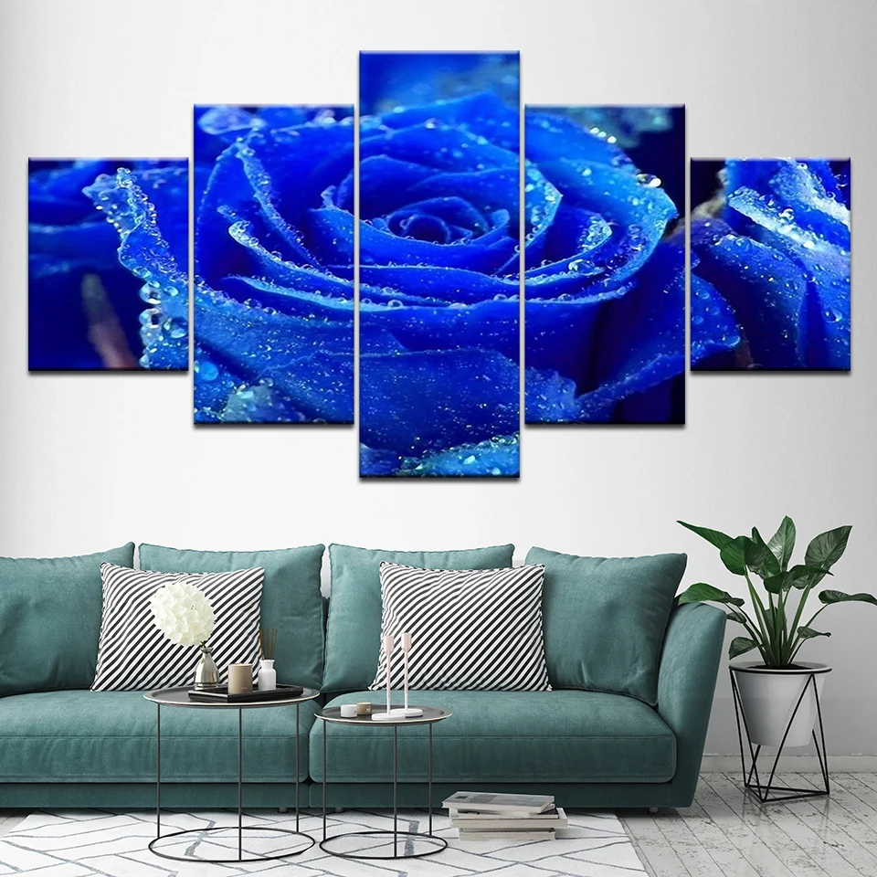 Canvas Painting blue rose flowers 5 Pieces Wall Art Modular Wallpapers Poster Print for living room Home Decor | Дом и сад