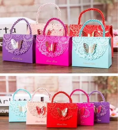

Blue purple Butterfly Flower Candy paper gift bag with handle Wedding favor Portable Gift paper Box wedding Party Favors