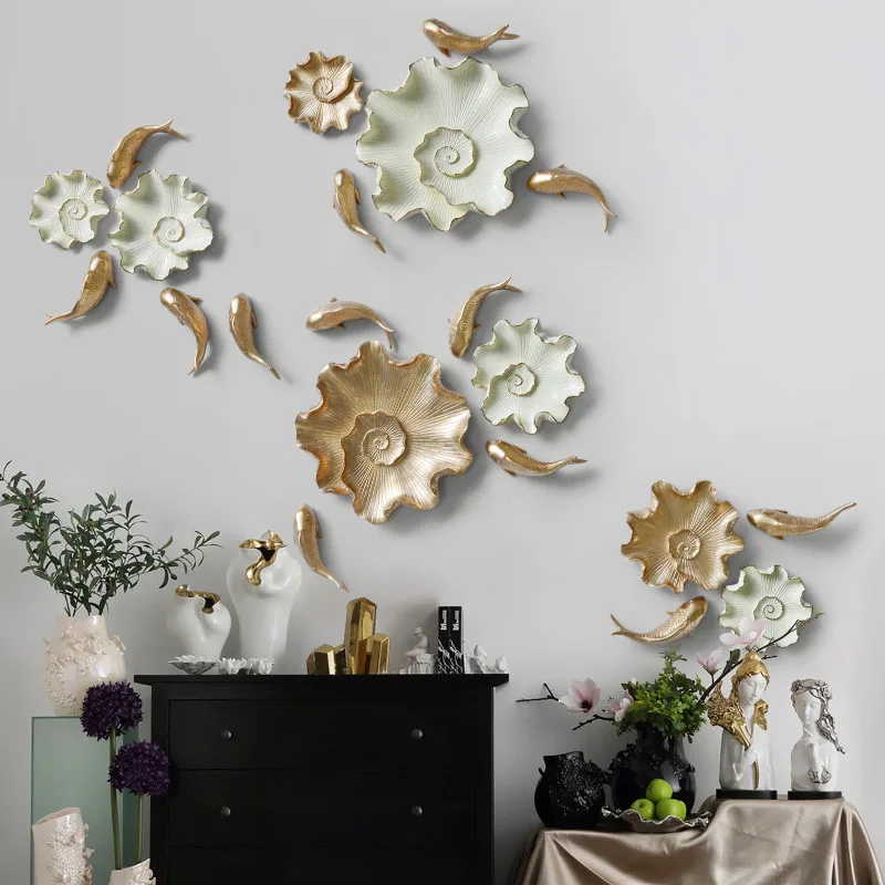 Креативное Европейское украшение в виде лотоса с рыбками настенное для гостиной