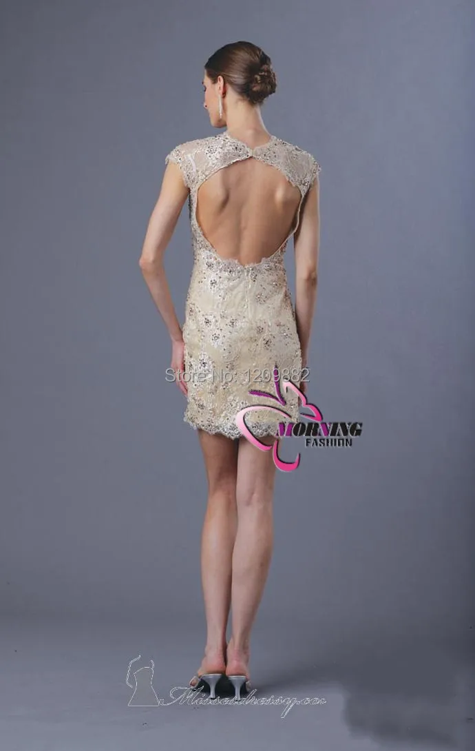 Sexy Look Through Tulle Cocktail Dresses Cap Sleeves Lace Crystal Mini Women Evening Party Dress 2014 | Свадьбы и торжества