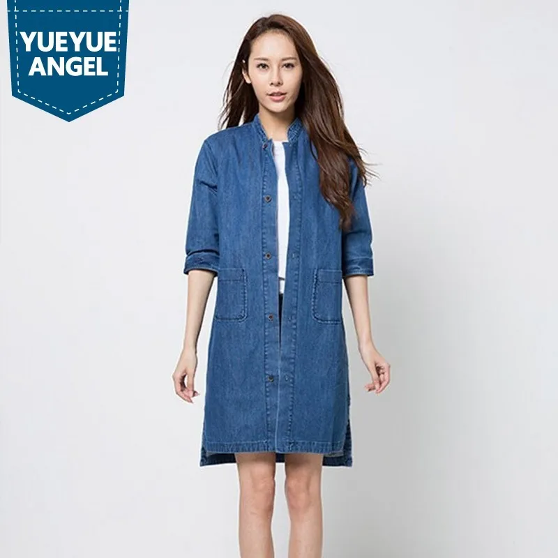 

New Brand Womens Three Quarter Sleeve Stand Collar Denim Shirts Pockets Loose Fit Single Breasted Open Stitch Windbreaker Coats