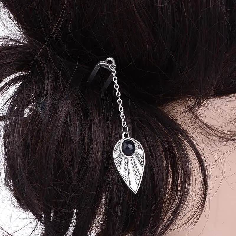 Новый дизайн серебристые подвески для волос в форме листа с черным камнем Модные
