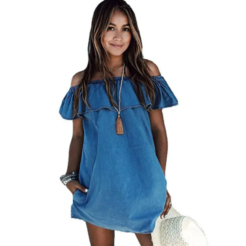 Женское элегантное джинсовое платье с оборками повседневное Синее Короткое