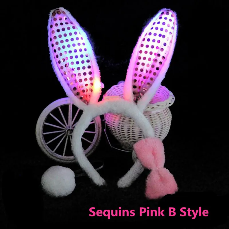 Women Girl Flashing Lighted Sequins Fluffy Bunny Rabbit Ears Headband Tail Tie Cosplay Glow Party Concert Purim Easter Christmas | Дом и сад
