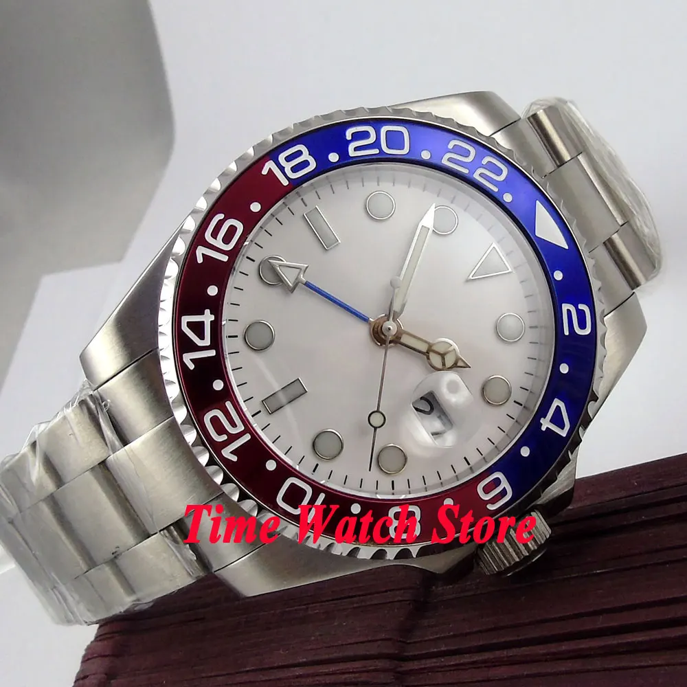 Мужские часы Bliger белые стерильные с циферблатом GMT красный и синий ободок