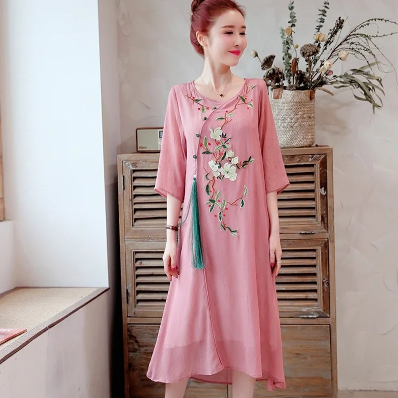 Женское винтажное платье с вышивкой свободное элегантное миди в китайском стиле