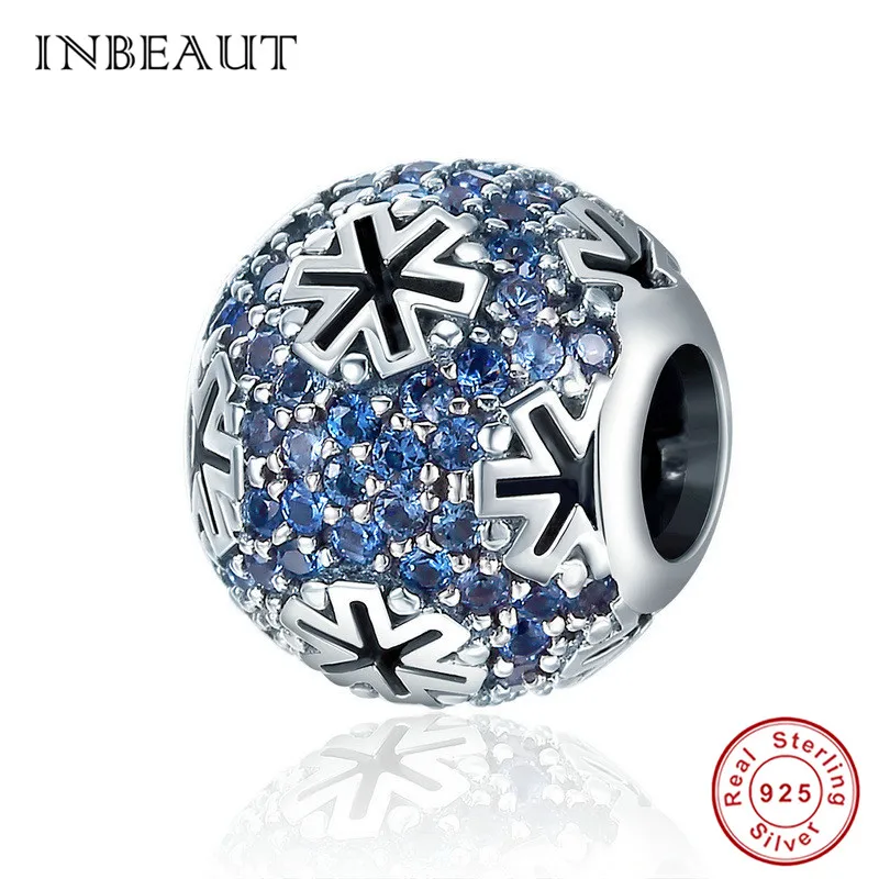 INBEAUT 925 пробы серебряные небесно-голубые кубические циркониевая Снежинка бусины оригинальная Зимняя коллекция очаровательный браслет Пандора - Цвет: s402