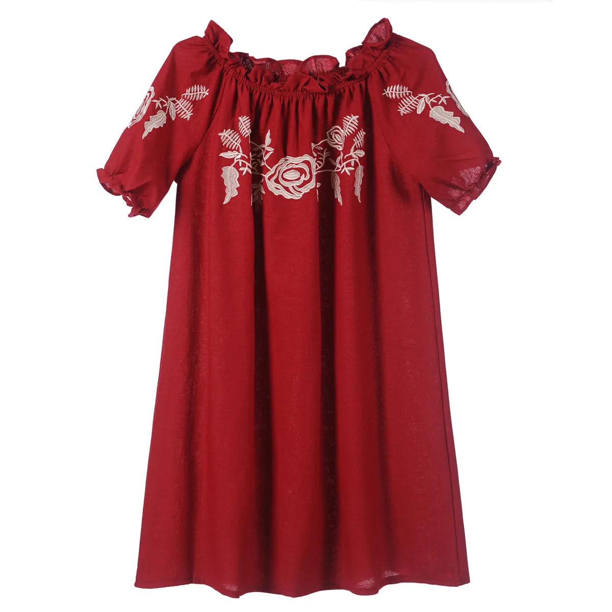 

Elegant Party Dresses 2018 Spring Summer Off Shoulder Floral Loose Dress Embroidered Cotton Short Sleeve Dress