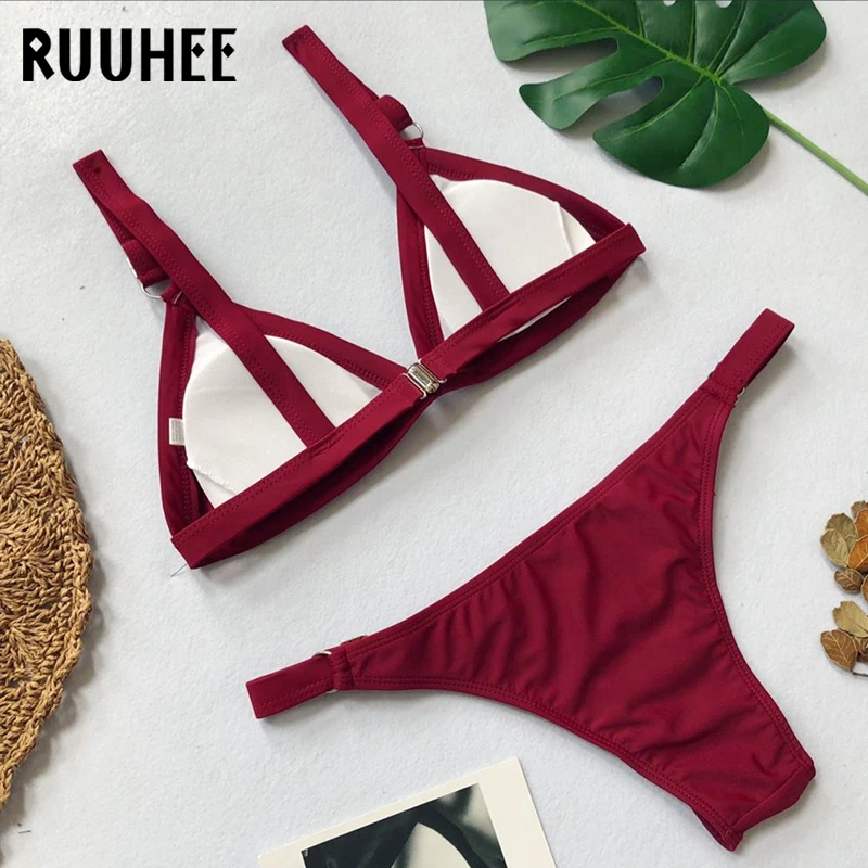 RUUHEE комплект бикини, купальник для женщин, низкая талия, бикини, Одноцветный купальник, купальный костюм, пуш-ап, пляжная одежда, Регулируемый мягкий купальник