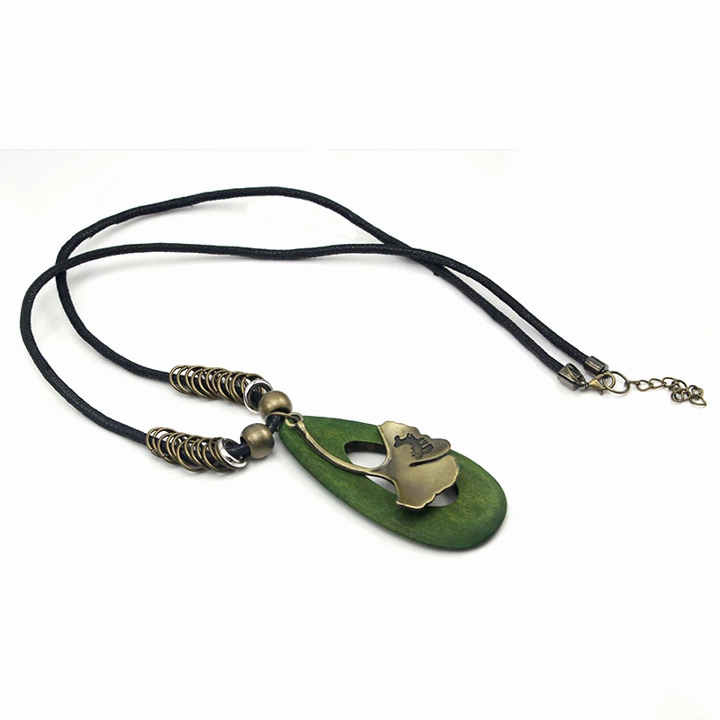7 Kinds of Leather Chain Necklace Gift Bohemia Choker Coffee Green Wooden Pendant 2016 Sweater Statement Necklaces for Women images - 6