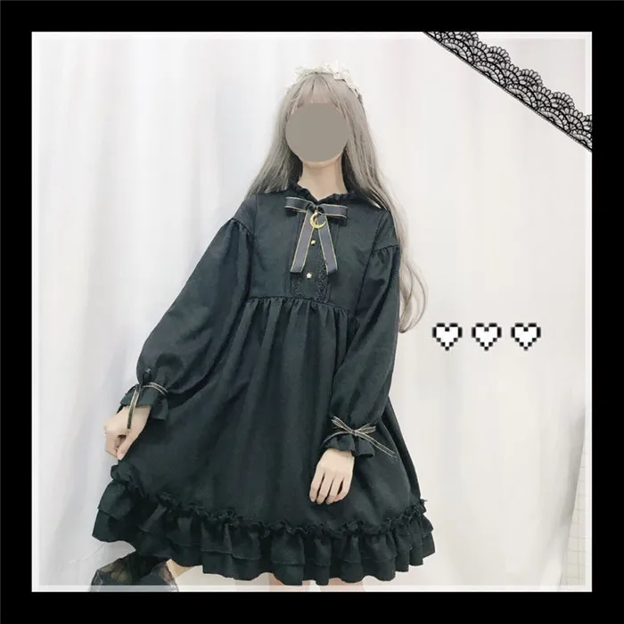 Летнее черное платье в стиле Лолиты для женщин; Kawaii; милый костюм для косплея с бантом и высокой талией; длинное платье с оборками с коротким рукавом
