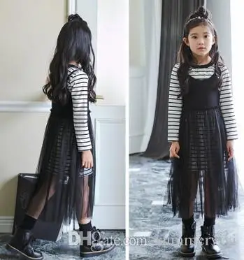 Большие Девочки платье Осень детей принцессы набор дети полосы с длинным рукавом