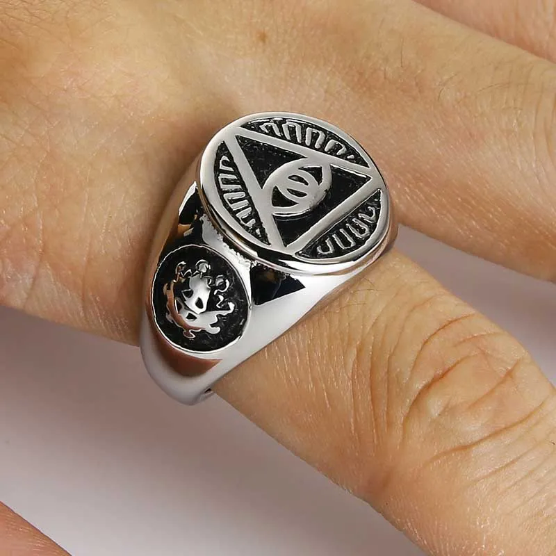 Valily Men's Ring Gold Color Illuminati pyramid eye symbol Cool skull fashion rings Stainless Steel finger band Women | Украшения и