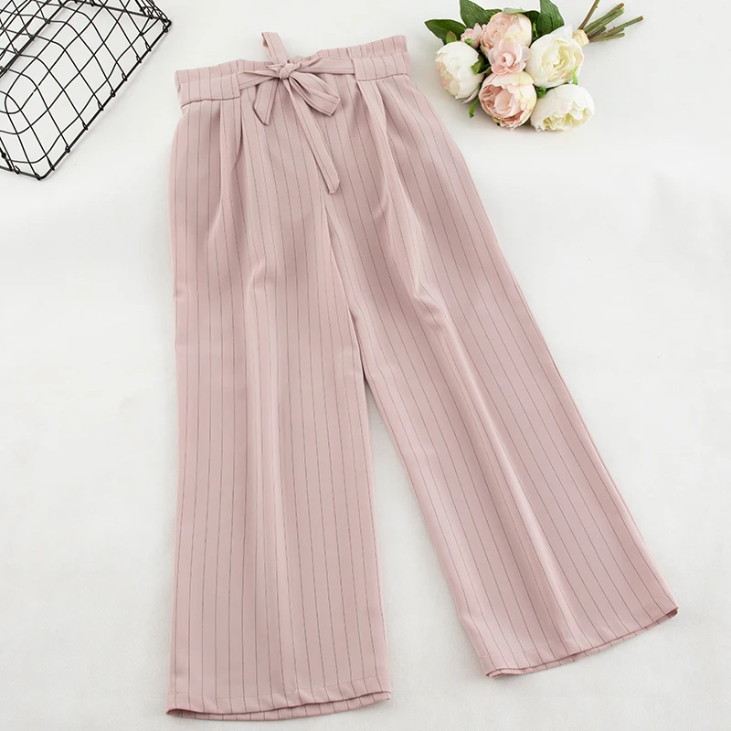 Striped Wide Leg Long Pants Women Sweet Elegant High Waist With Sashes Chiffon Trouser Female Fashion Office Wear Bottoms | Женская